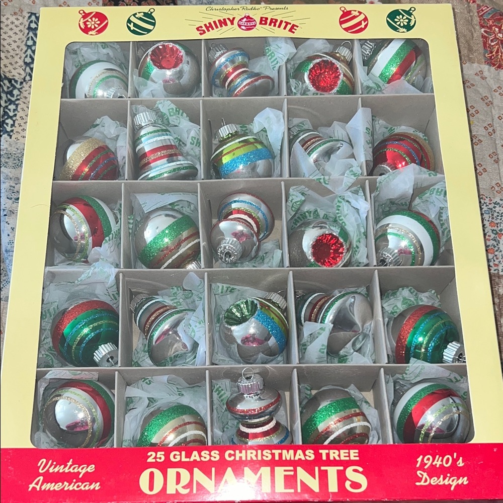 25 NWT Shiny Brite indent bell round atomic Glass Christmas Ornaments mica